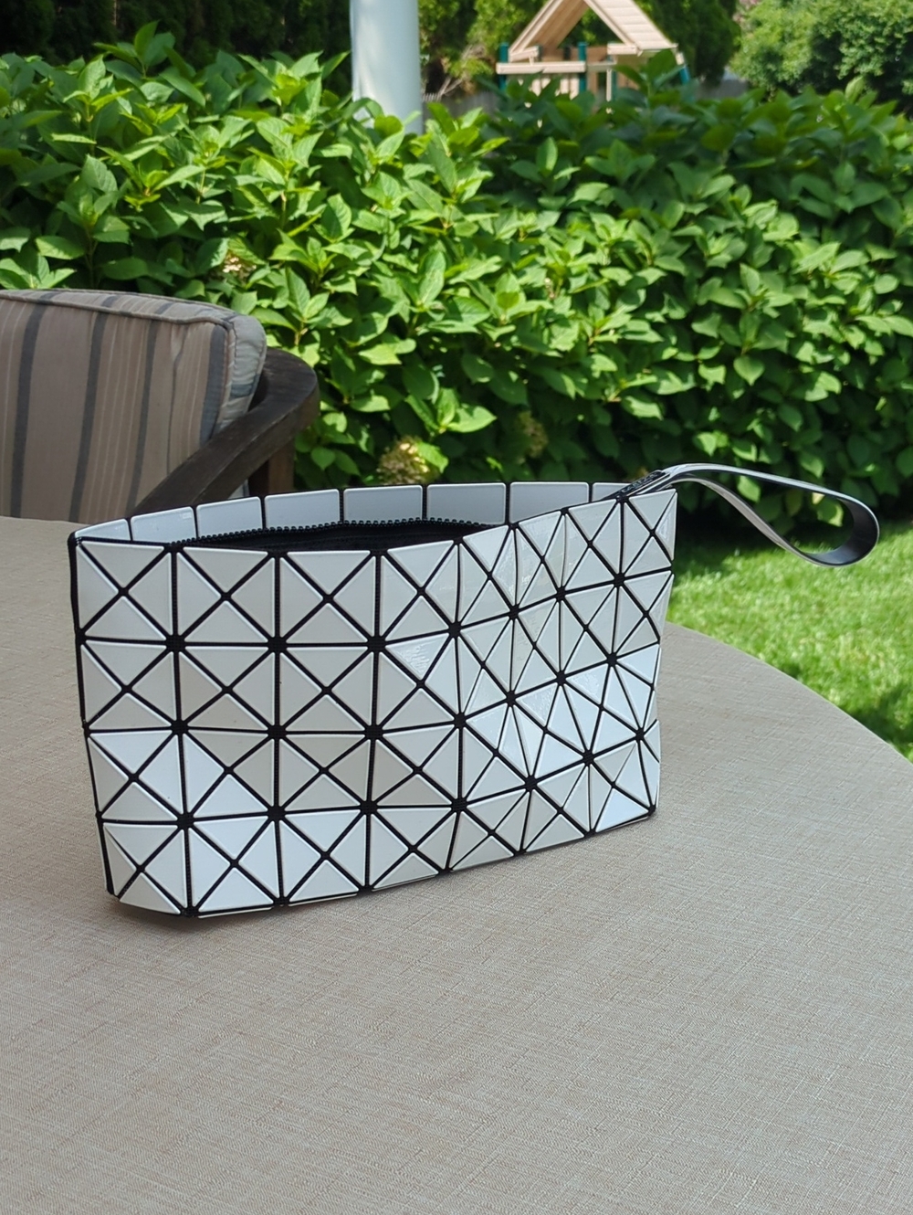 Issey Miyake Geometric White Wristlet Clutch with Black Trim